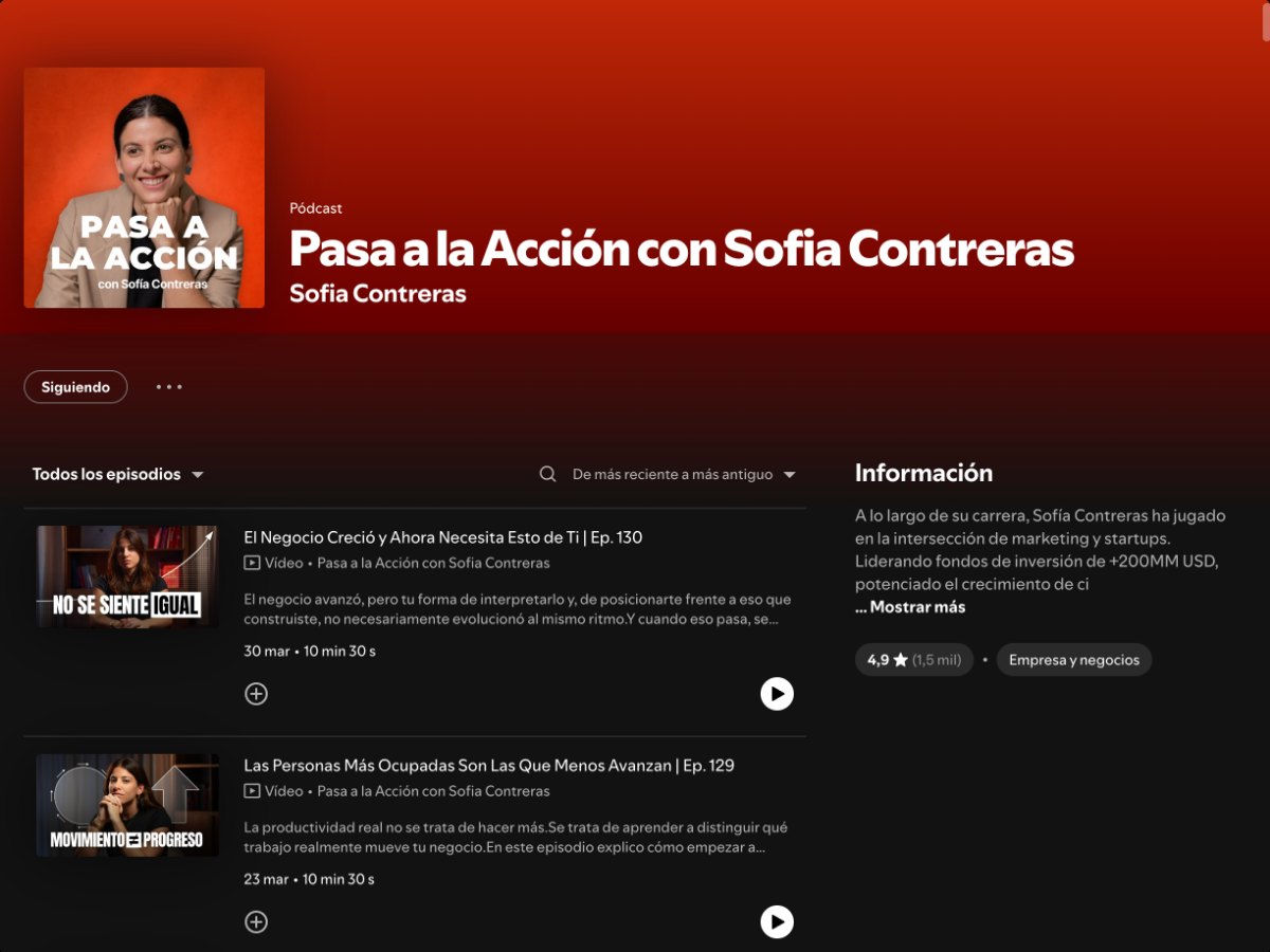 Podcast Pasa a la Acción con Sofía Contreras en Spotify, con 4,9 estrellas